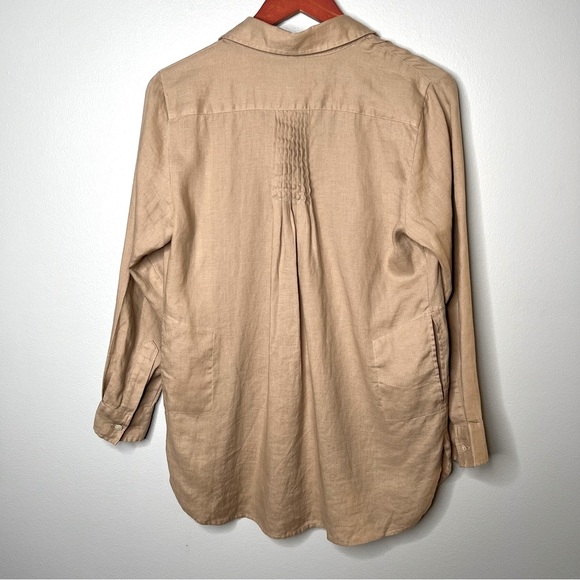Soft Surroundings Tan Long Sleeve 100% Linen Collared Tunic Top Size PS Pockets - Picture 2 of 12